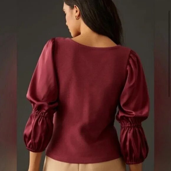 "NWT"Maeve | Anthropologie Burgundy Tiered Satin Sleeve Ribbed Knit Blouse -Sz.S - Picture 2 of 12